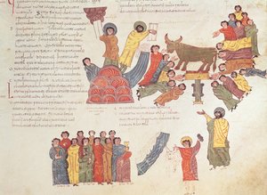 Anbetung des Goldenen Kalbs, aus der westgotisch-mozarabischen Bibel des hl. Isidor, fol. 46r., 960 n. Chr. von Spanish School