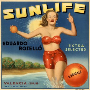 Werbung für Orangen, Bild einer Frau im Badeanzug. Werbeplakat, Valencia
