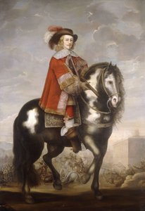 Ein Reiterporträt von Kardinal Infant Fernando de Borbon, Gouverneur der Spanischen Niederlande, ganzfigurig in einem roten Mantel und mit Federhut, eine Schlacht im Hintergrund