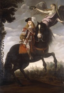 Ein Reiterporträt von König Karl II., ganzfigurig, in einem roten Mantel mit weißem Besatz, von einem Engel mit einem Lorbeerkranz gekrönt, Madrid in der Ferne