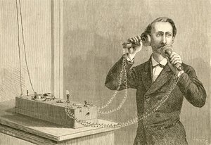 Ein frühes Telefon. Aus El Museo Popular, veröffentlicht in Madrid