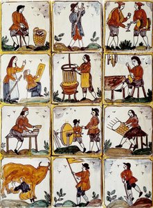 Handwerksberufe: Schuhmacher, Küfer, Korbmacher, Winzer, Zeichnungslehrer, Musiker, Kuhmelken, Schärfer, Bauer, Ebenist. Katalanische Keramikfliesen (Spanien) von Spanish School