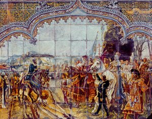 Boabdil übergibt die Schlüssel von Granada an die Katholischen Könige im Jahr 1492 (Keramik) von Spanish School