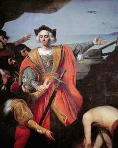 Christoph Kolumbus, an Bord seiner Karavelle, zeigt auf die Insel Guanahani (San Salvador) am 12. Oktober 1492 (Detail)
