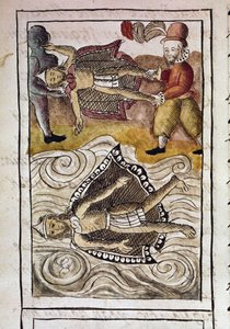 Codex der Eroberung Mexikos: Die Leichen von Itzquauhtzin und Montezuma, oder Moctezuma II, Aztekenkaiser (1466-1520), werden von den Spaniern aus dem Palast geworfen. von Spanish School