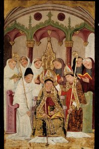 Weihe eines Bischofs. Gemälde auf Holz aus der spanischen Schule. 15. Jahrhundert Bayonne, Bonnat Museum