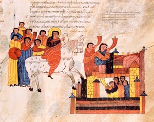 Einzug von König David in Jerusalem zum Klang der Trompeten, aus der Westgotisch-Mozarabischen Bibel von St. Isidores, fol.135r., 960 n. Chr.