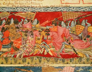 Fol.110r Schlacht zwischen Griechen und Trojanern, aus dem Codex Benito Santa Mora von Spanish School