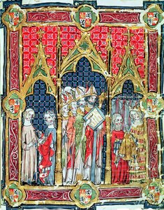 Krönung der Könige von Aragon und Kastilien: Alfonso VII (1105-57) bietet goldenes Brot in Anwesenheit des Erzbischofs von Toledo an, aus dem Libro de los Testamentos