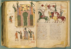 Fol.208 und 209v Angriff und Einnahme Jerusalems durch Nebukadnezar, Kopie des Originals, geschrieben von dem Mönch Beatus von Liebana um ca. 776, aus dem Kommentar zur Apokalypse, (10. Jahrhundert)