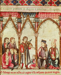 Gruppe von Troubadouren, Illustration aus Cantigas de Santa Maria, erstellt unter der Leitung von Alfons X. (der Weise), König von Kastilien und León (1221-84) von Spanish School