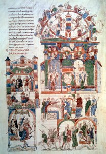 Geschichte von Salomo: "König Salomo empfängt den Tribut". Seite (fol. 129 v;) aus der "Bibel von Roda" (man. lat. 6) erstellt in Spanien im 11. Jahrhundert. Paris, B.N. von Spanish School