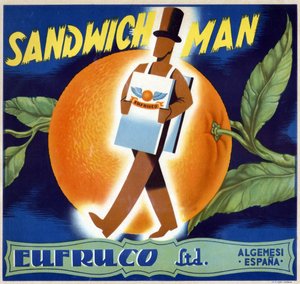 Illustration eines „Sandwich-Mannes“. Etikett für Orangen „Eufruco“, Valencia, 20. Jahrhundert.