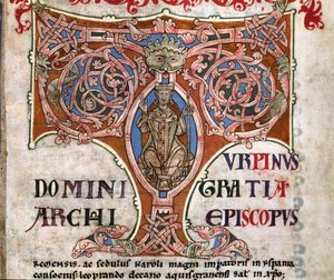 Initiale T mit einer Darstellung von Karl dem Großen, Illustration aus dem Codex Calixtinus, ca. 1140