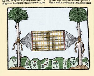 Erfindung der Hängematte: Diese Erfindung revolutionierte das Leben der Seeleute an Bord von Schiffen. Sie schliefen zuvor auf dem nassen Deck. Gravur aus dem Buch „Historia general de las Indias, islas y tierra firme del mar oceano“ von Gonzalo Fernandez  von Spanish School