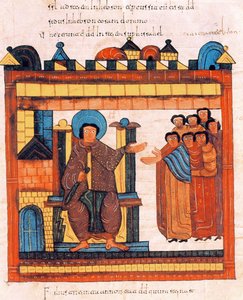 König David auf seinem Thron, umgeben von seinem Hofstaat, aus der Westgotisch-Mozarabischen Bibel von St. Isidores, fol.126r., 960 n. Chr. (Tempera auf Pergament)