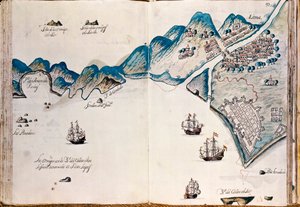 Karte eines Teils von Neuspanien, der Küste von Peru und der Stadt Lima, aus "Mapas de las costas de América en el mar del Sur, desde la última población de españoles en ellas, que es la ciudad de Compostela, en adelante" von Spanish School