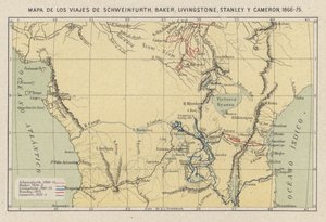 Karte mit den Reisen der Entdecker Georg August Schweinfurth, Samuel Baker, David Livingstone, Henry Morton Stanley und Verney Lovett Cameron in Afrika von Spanish School