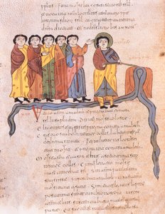 Moses lässt Wasser aus den Felsen von Horeb fließen, Exodus 17:1-7, aus der Westgotisch-Mozarabischen Bibel von St. Isidores, fol.40v., 960 n. Chr. (Tempera auf Pergament) von Spanish School