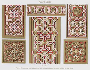 Stuck-Ornamente, verwendet als vertikale und horizontale Bänder, die Paneele an den Wänden umschließen (Farblitho)