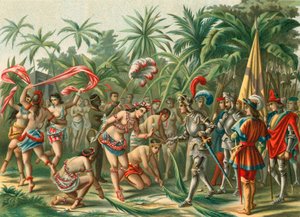 Empfang von Anacaona, genannt die Goldene Blume, auf Hispaniola für Bartholomew Columbus und Hermano del Almirante von Spanish School