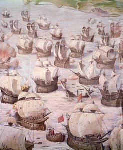 Regatta spanischer Galeonen während einer Expedition zu den Azoren im Jahr 1582 unter Philipp II. (1527-1598), König von Spanien. Fresko aus dem 16. Jahrhundert. Saal der Schlachten, Palast des Escorial, Madrid. von Spanish School