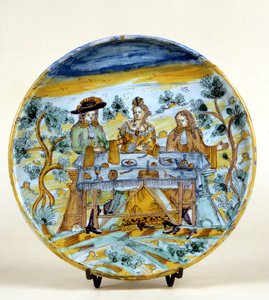 Darstellung eines Banketts im Freien auf einem Keramikteller von Talavera de la Reina (Spanien). Frühes 16. Jahrhundert. Mailand, Museo del Castello. von Spanish School