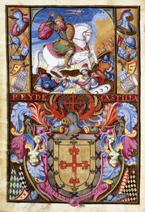 St. Jakobus auf einem weißen Pferd reitend über die Leichen der Mauren und das Wappen der Familie Gomez, 1606