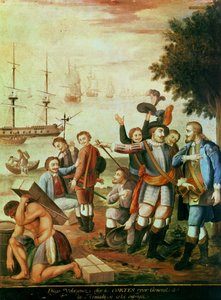 Die Eroberung von Mexiko: Diego Velasquez de Cuellar (1465-1524) wählt Hernando Cortes (1485-1547) als General der Armada und gibt ihm das Kommando von Spanish School