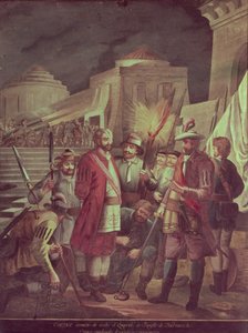 Die Eroberung Mexikos: Hernando Cortes (1485-1547) greift nachts den Bezirk von Panfilo Narvaez an von Spanish School