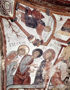 Der Zyklus der Monate: ein Diener bietet den Aposteln (St. Andreas, St. Bartholomäus und St. Philippus) ein Getränk an. Detail eines Freskos aus dem 12. Jahrhundert im Königlichen Pantheon der Real Colegiata von San Isidoro von Spanish School