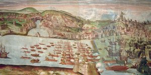Der Einzug der Flotte in Lissabon, eine Szene aus der maritimen Kampagne gegen Portugal unter der Leitung von Alvaro de Bazan, während der Herrschaft von Philipp II. von Spanien