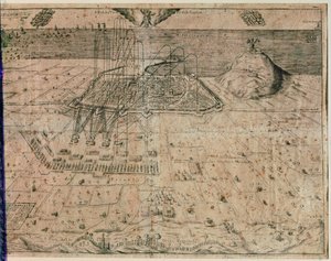 Die Belagerung der Stadt Barcelona durch die Truppen von König Philipp IV. während des Erntekrieges von 1640-52 (Gravur) von Spanish School