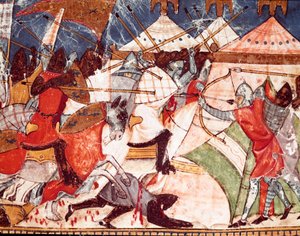 Trojanischer Krieg: Trojaner überfallen das Militärlager der griechischen Krieger. Detail einer Miniatur aus dem spanischen Manuskript „Codex Benito de Santa Mora“ von Spanish School