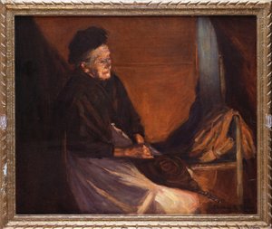 Alte Frau mit Blasebalg am Feuer