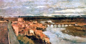 Landschaft mit Dorf und Brücke