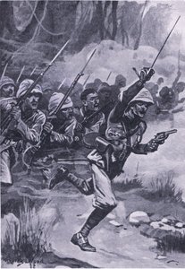 Briten stürmen die Ashantis bei Amoaful, 31. Januar 1874, Illustration aus British Battles on Land and Sea, 1915 von Stanley L. Wood