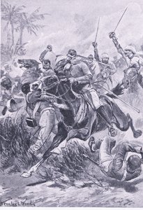 Freiwillige Kavallerie außerhalb von Lucknow, 30. Juni 1857, Illustration aus British Battles on Land and Sea, 1915 von Stanley L. Wood