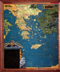 Karte von Griechenland, erstellt von Stefano Bonsignori (? -1589) italienischer Kosmograph und Maler. Um 1581. Florenz, Palazzo Vecchio, Sala del Mappamondo von Stefano Buonsignori