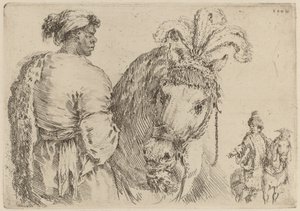 Ein schwarzer Mann füttert ein Pferd von Stefano della Bella