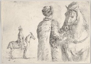 Ein polnischer Diener, von hinten gesehen, hält das Zaumzeug eines Pferdes, ca. 1662 von Stefano della Bella