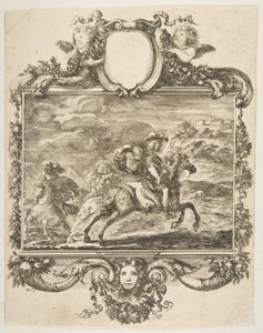 Ein Kavalier und eine Dame zu Pferd, innerhalb eines verzierten Rahmens mit Früchten