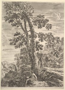 Ein Fischer in der Mitte nach links gewandt und an einen großen Baum gelehnt, eine Frau geht..., ca. 1652-57 von Stefano della Bella