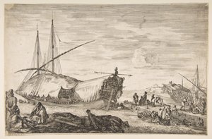 Eine Galeere mit Segeln nach links, sechs Kanonen und vier Personen im Vordergrund von Stefano della Bella