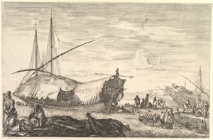 Eine Galeere mit Segeln nach links, sechs Kanonen und vier Personen im Vordergrund, ca. 1652-57 von Stefano della Bella