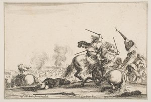 Ein Gefecht, zwei Reiter kämpfen mit Schwertern rechts, Männer mit einer Flagge rennen..., ca. 1645