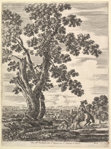 Eine Frau zu Pferd von hinten gesehen, die einen Hügel hinunterreitet, ein großer Baum ..., ca. 1652-57 von Stefano della Bella