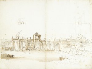 Ansicht des Hafens von Livorno mit einem das Medici-Wappen tragenden Gebäude [recto]; Hafenansicht und zwei Ornamentstudien [verso] von Stefano della Bella