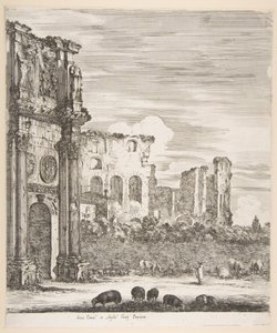 Konstantinsbogen und Kolosseum mit weidenden Schafen im Vordergrund, aus Sechs große Ansichten, 1656 von Stefano della Bella