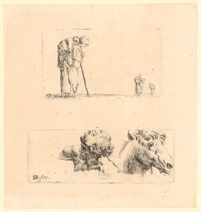 Arme Frau mit Kind auf dem Rücken, rechts hinten zwei weitere Frauen mit Kind [oben]; Kopfstudien eines Mannes und eines Pferdes [unten] von Stefano della Bella